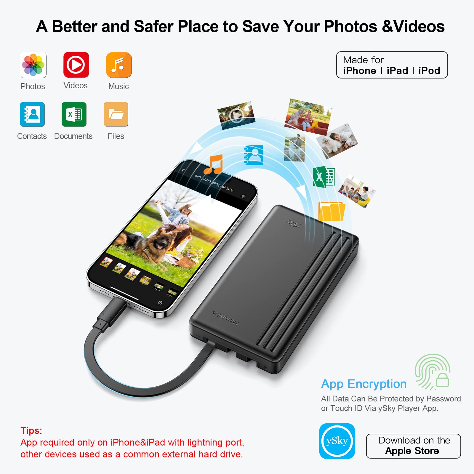 Ysky Mfi Certified 1Tb Portable External Hard Drive For Iphone Ipad Macbook Windows Computer Usb C Android Phones To Backup,1Tb